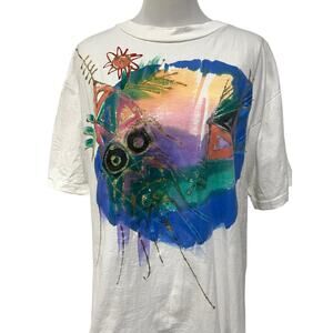 Vintage 90s Hand Painted Artist T Shirt Beach Ocean Fish Single Stitch Artsy OS